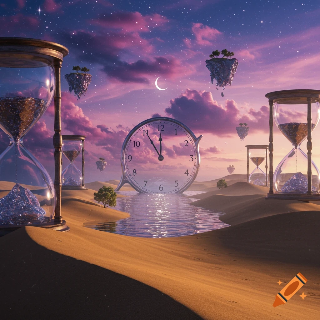 Surreal desert landscape with giant hourglasses, a large clock showing 11:55, and floating islands under a starry pink and purple sky.