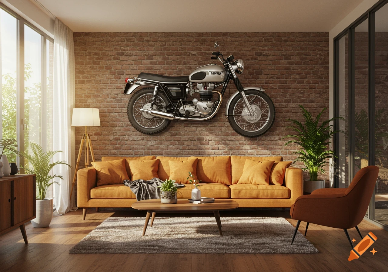Photorealistic image of a stylish living room with a vintage silver Triumph motorcycle mounted on a brick wall above an orange sofa.