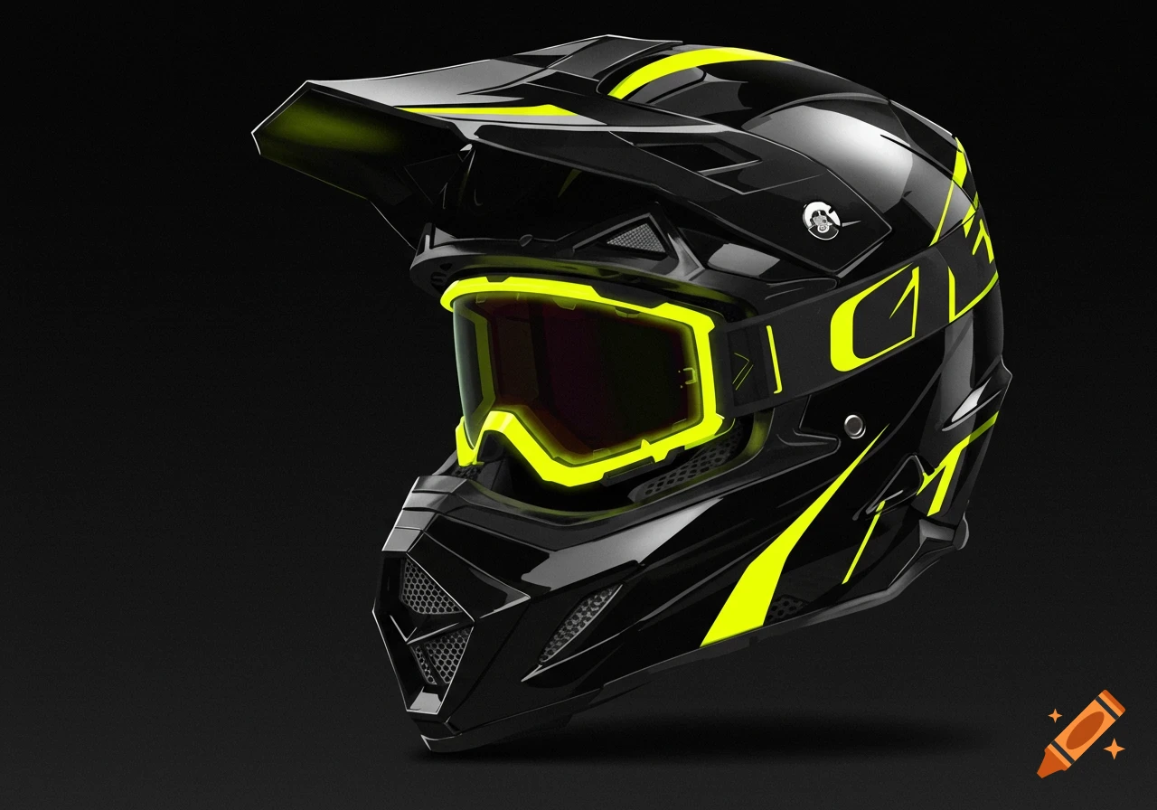 A sleek black motocross helmet with neon yellow accents and goggles, presented on a dark background.