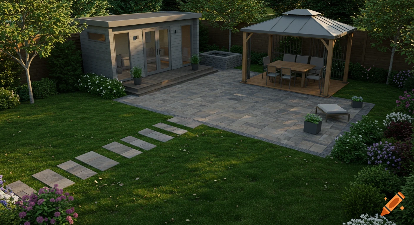 An aerial view of an L-shaped backyard paver patio with a modern shed, a wooden gazebo, and lush green grass surrounded by trees and bushes.
