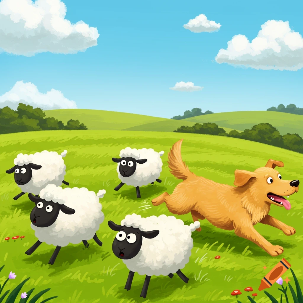 A cartoon golden retriever chases a herd of sheep across a green, hilly meadow under a blue sky.