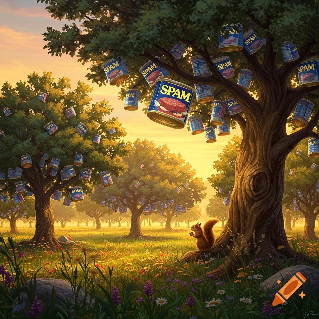 Fantasy landscape with trees bearing SPAM cans, and a squirrel by a tree trunk at sunset.