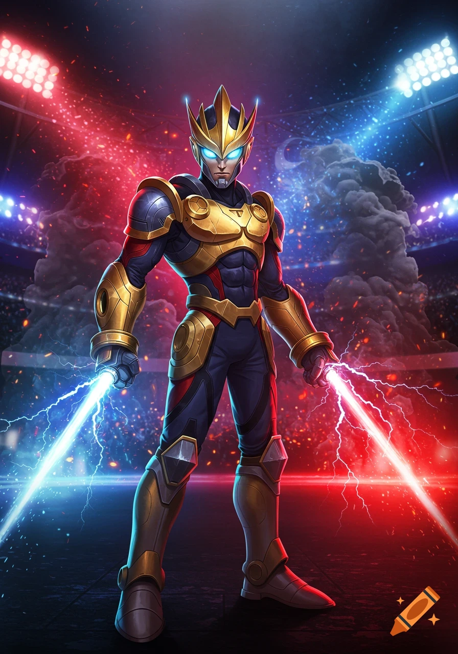 A male superhero in gold and dark blue armor wields a blue and red energy sword in a stadium.