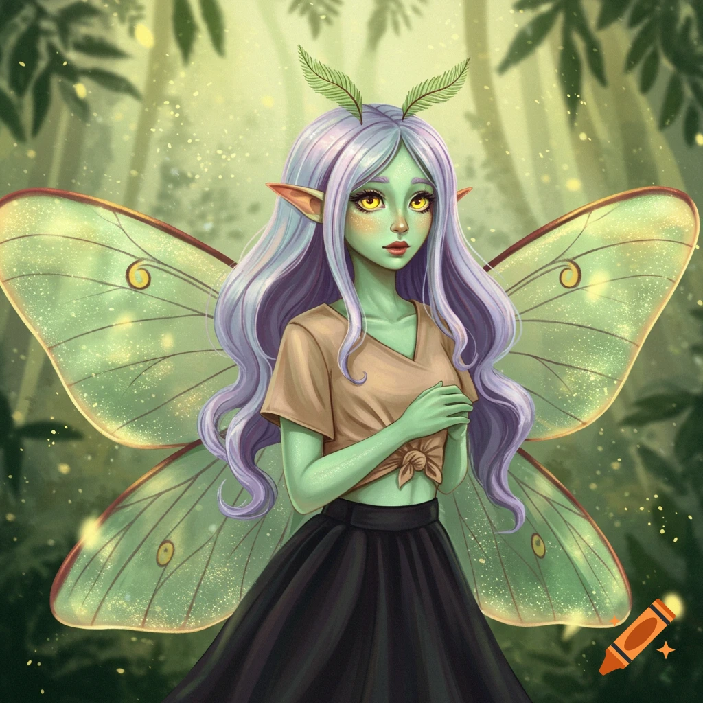 An illustration of a light green-skinned girl with long lavender hair, green moth wings, antennae, yellow eyes, wearing a tan top and black skirt, with a shy expression, standing in a forest.