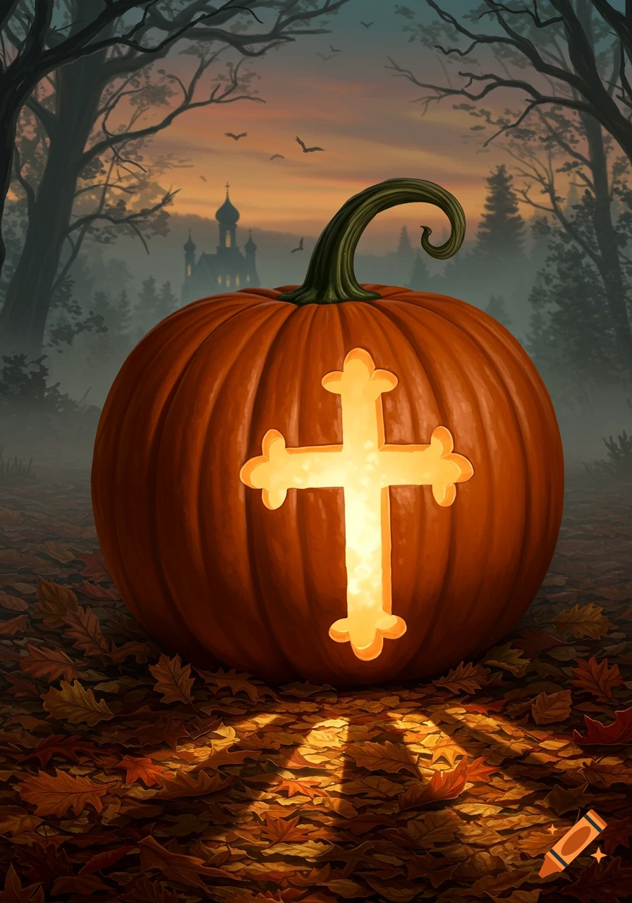A glowing jack-o'-lantern carved with a cross sits on fallen autumn leaves in a dark, misty forest with a church in the background.