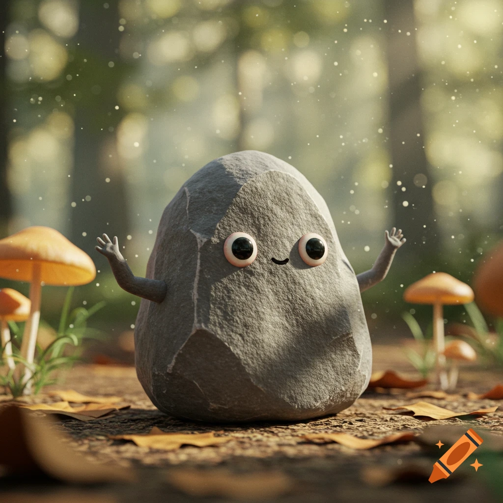 A cute gray rock creature with googly eyes, a small smile, and tiny arms waves in a sun-dappled forest with mushrooms and fallen leaves.