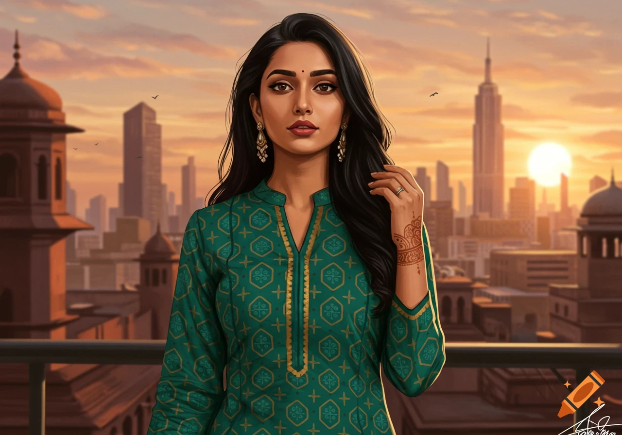 Digital art of an Indian woman in a teal kurta with mehndi, standing on a balcony overlooking a city at sunset.