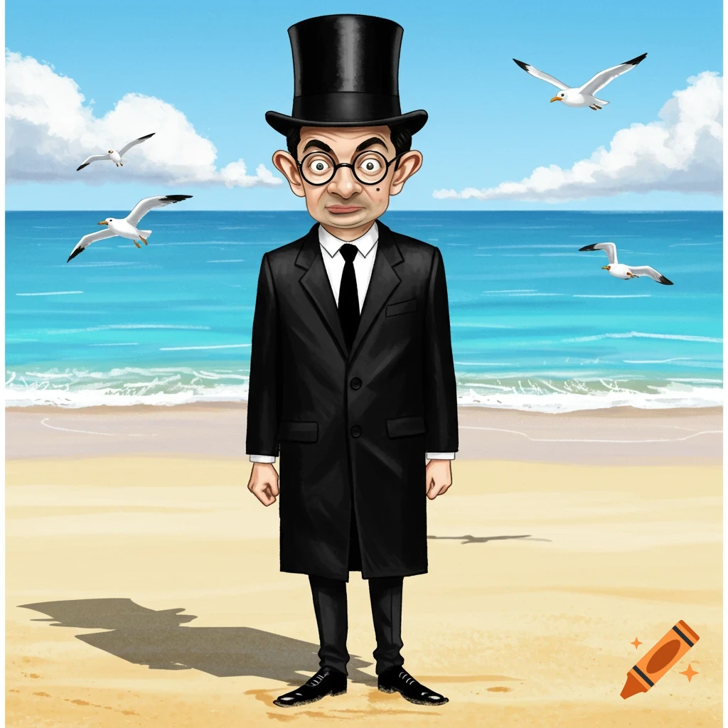 Cartoon Mr. Bean in a black top hat and long coat stands on a sandy beach with seagulls flying over the blue ocean.