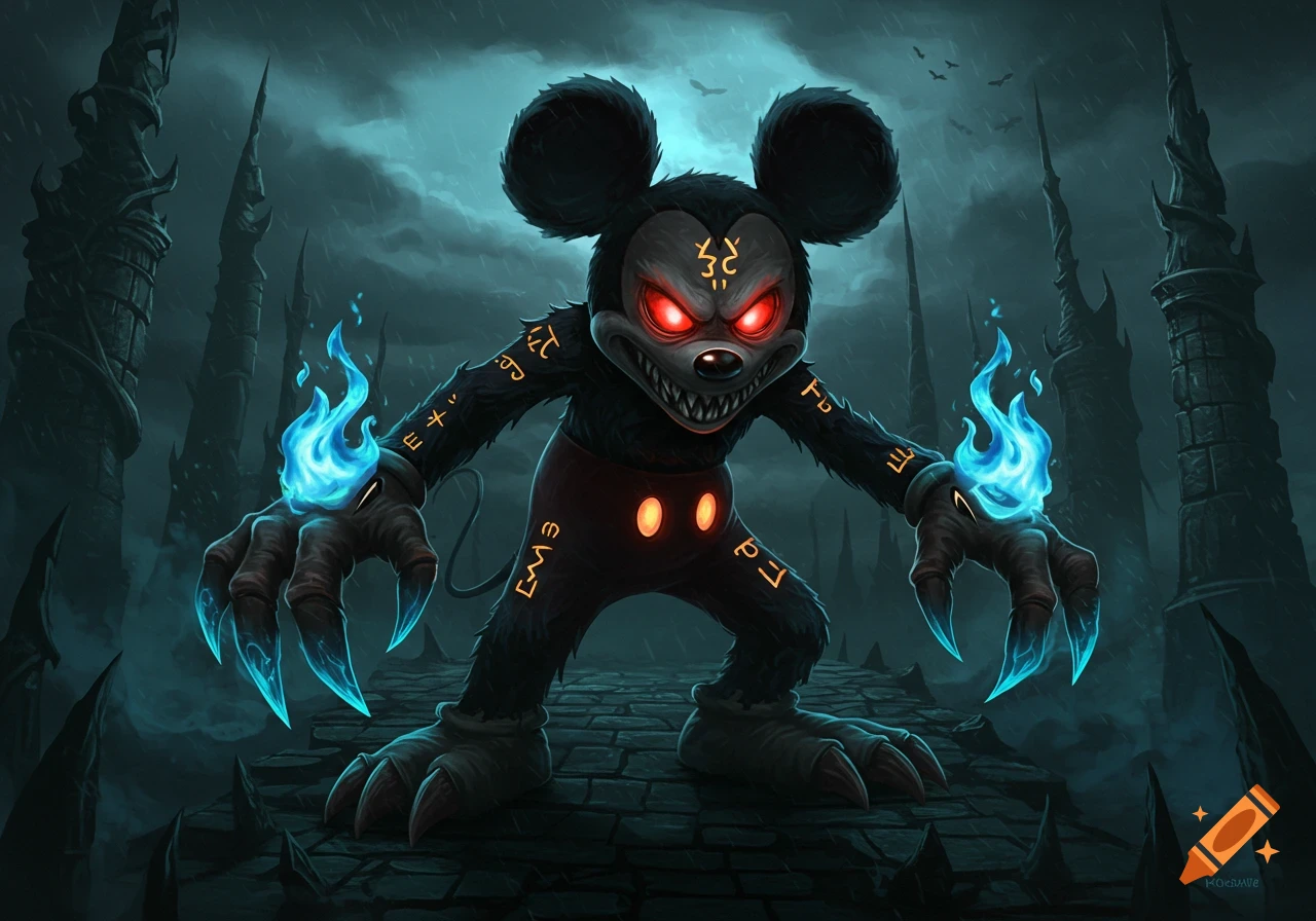 A monstrous, demonic Mickey Mouse with glowing red eyes, sharp teeth, and clawed hands holding blue fire, stands on a dark, rainy path surrounded by gothic spires.