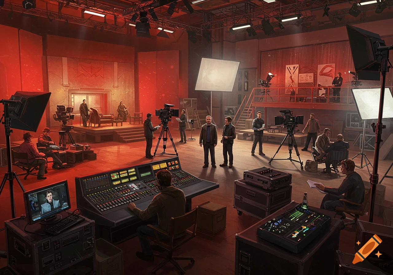 A bustling production studio with crew, cameras, lighting, and control panels, showing a set with people and monitors.