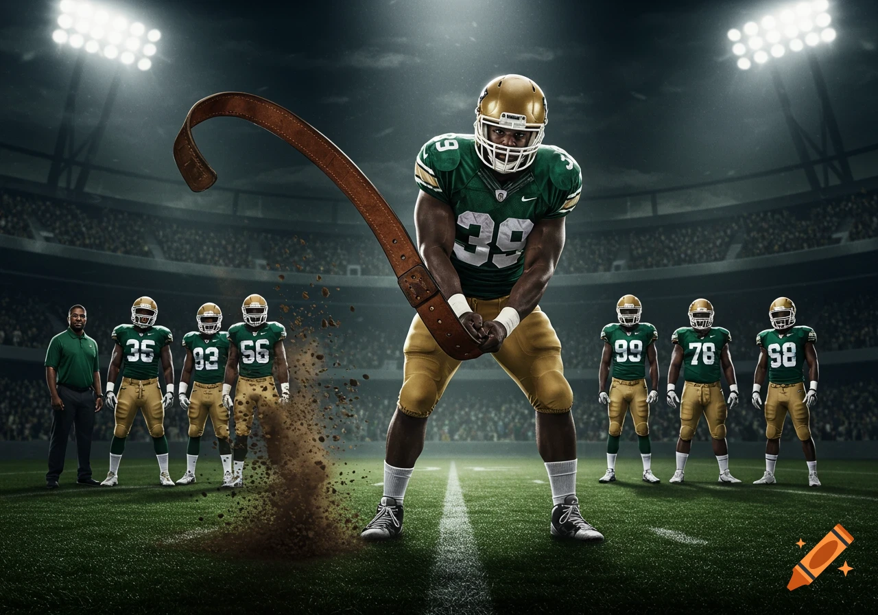 A muscular football player in a green and gold uniform swings a leather belt, kicking up dirt on a football field. Other players and a coach stand in the background under bright stadium lights.