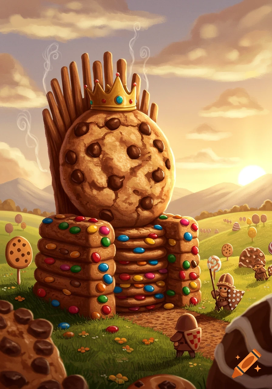 A chocolate chip cookie king with a golden crown sits on a throne made of candy-sprinkled cookies in a vibrant, whimsical landscape with cookie knights.