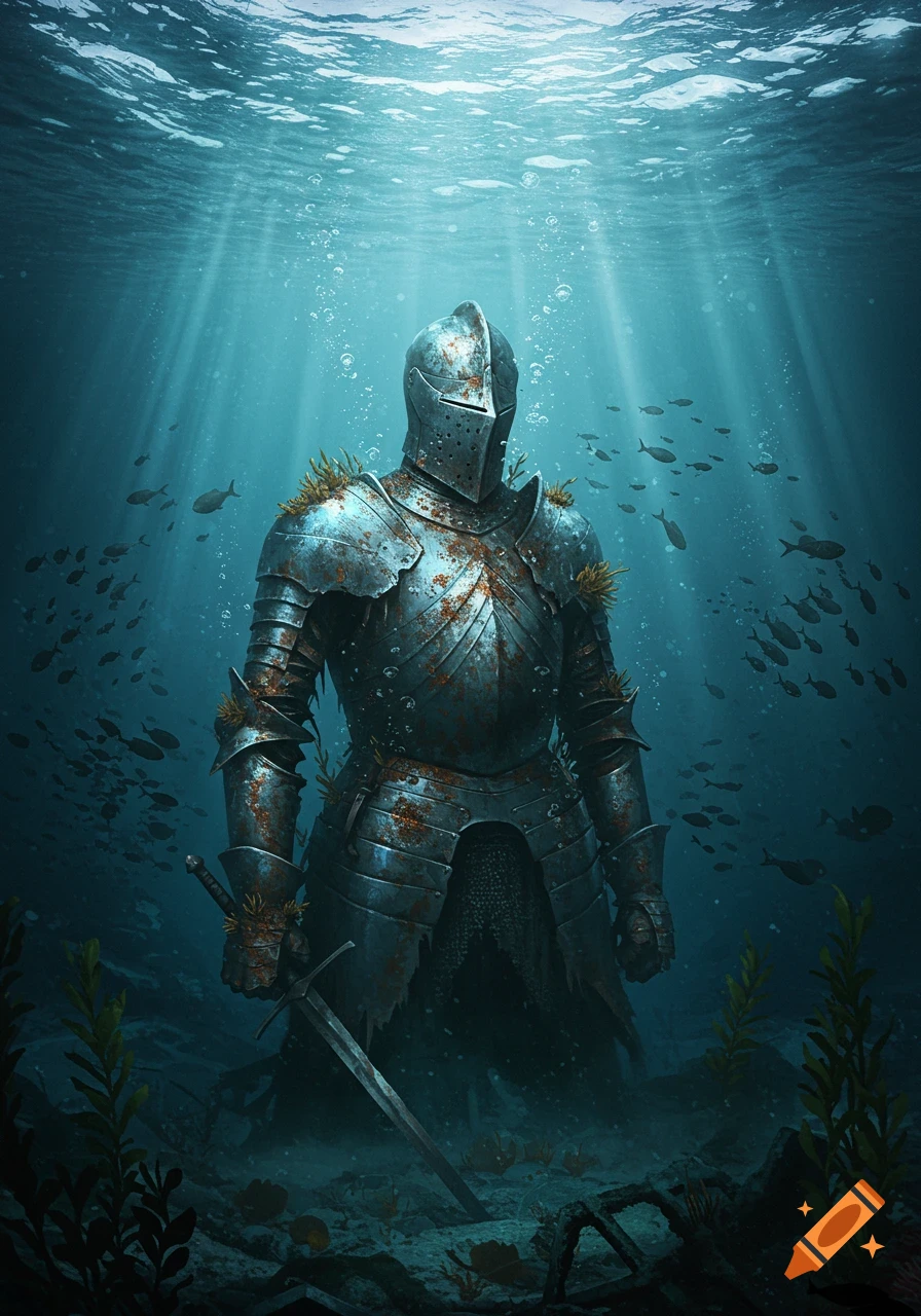 A heavily rusted knight in full armor stands on the deep seabed, illuminated by sunbeams, surrounded by swimming fish and kelp.