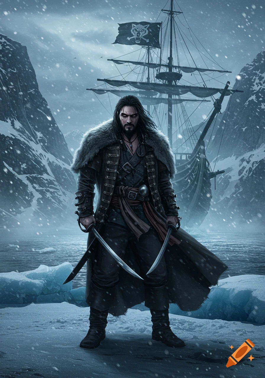 A realistic-style long-haired pirate in a wolf-fur cloak and two swords stands on ice in a snowy Alaskan landscape, with a dark pirate ship flying a wolf flag behind him.