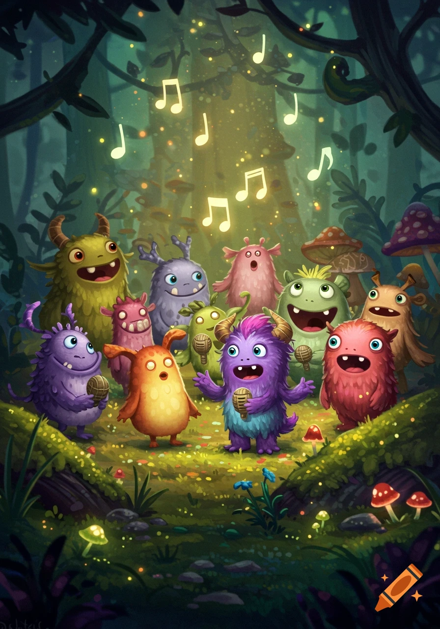 A group of colorful, cartoon monsters singing in a magical forest, with glowing musical notes floating above them. The monsters are vibrant and expressive, surrounded by moss, mushrooms, and glowing flora.