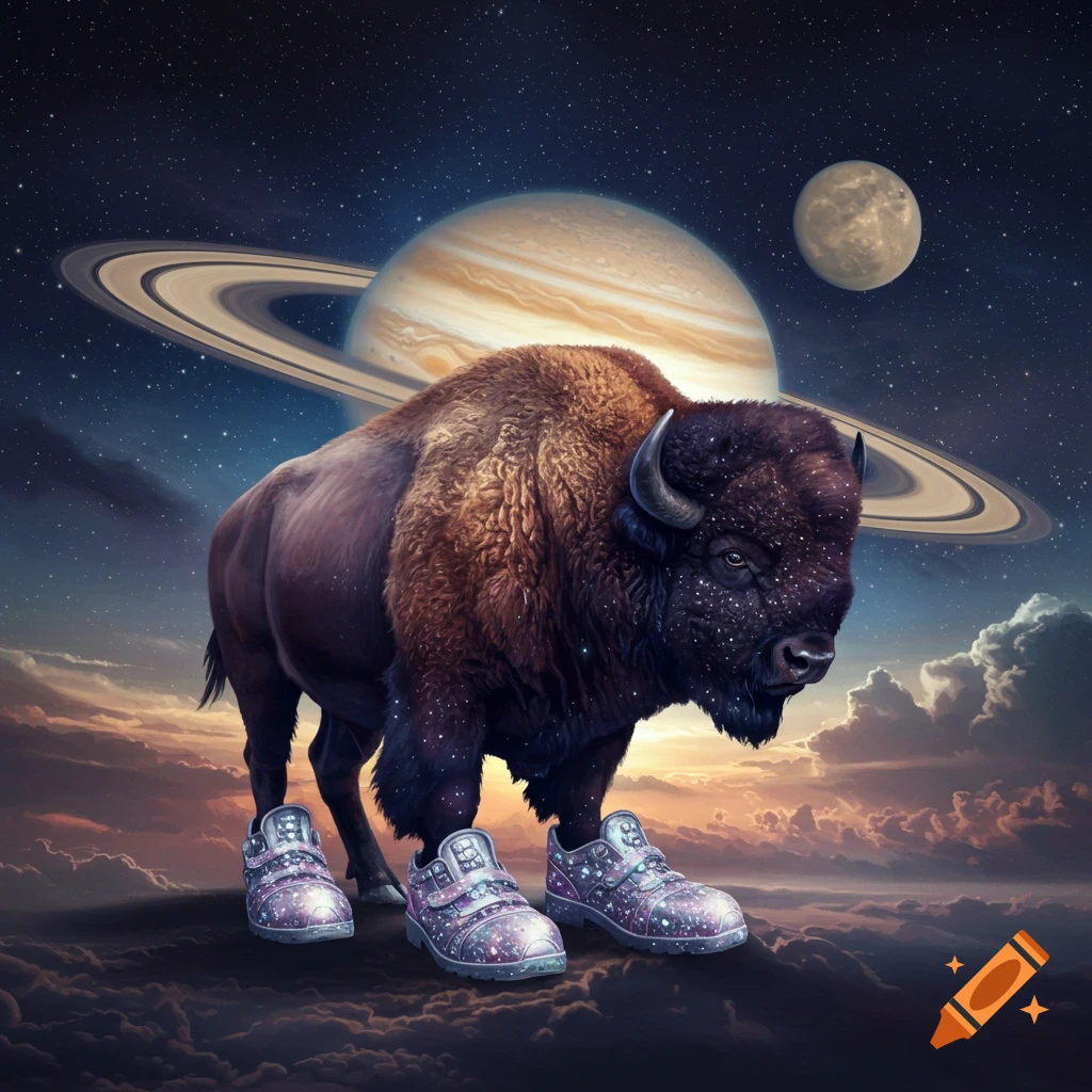 A cosmic bison wearing sparkly purple shoes stands on a cloud-like surface under a starry night sky with Saturn and a moon in the background.