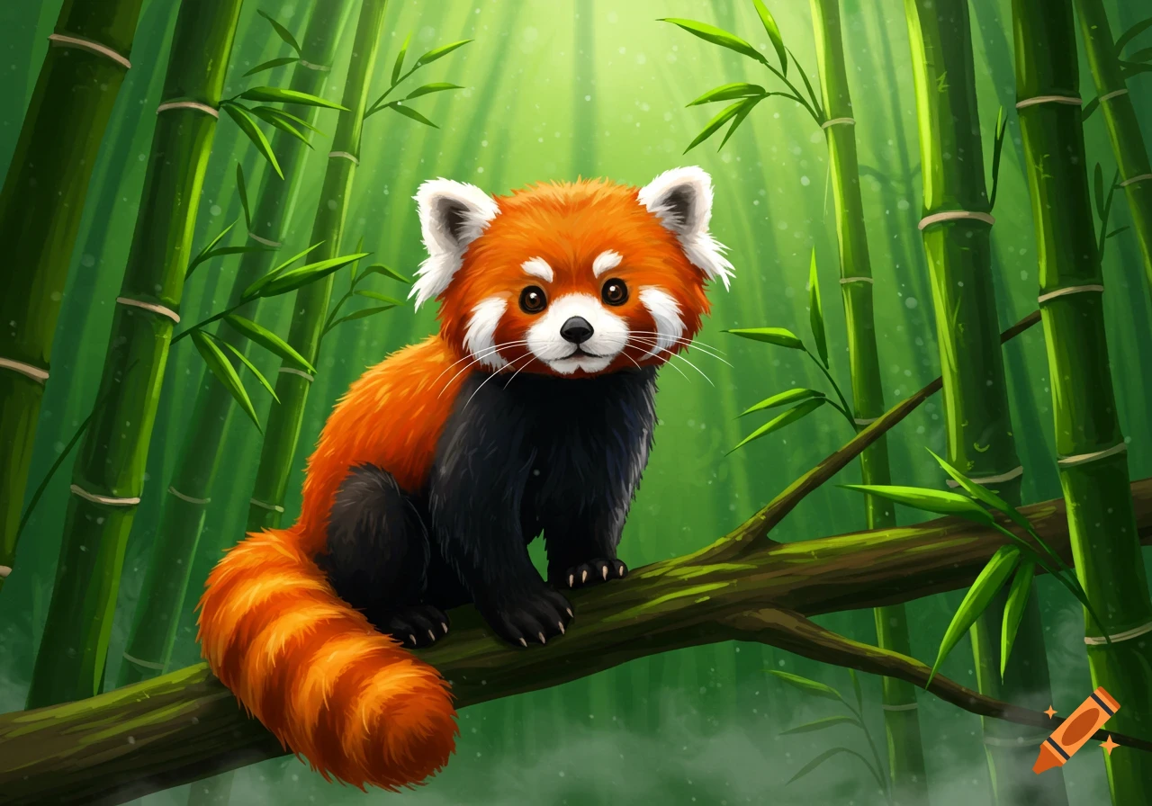 A cute, cartoon-style red panda with orange fur and a black belly sits on a tree branch in a vibrant bamboo forest.