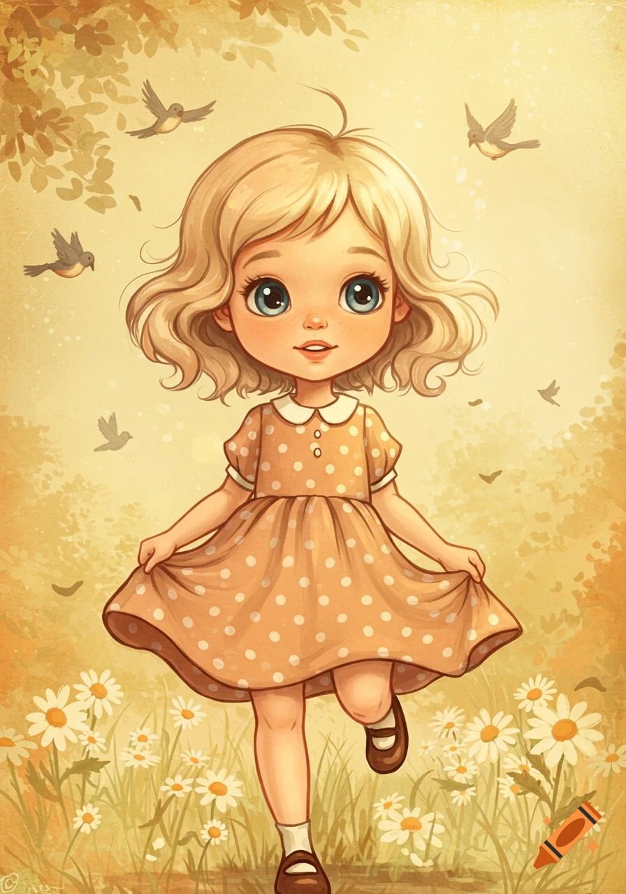 A cheerful blonde girl in a polka-dot dress walks through a field of daisies with birds flying, in a vintage cartoon illustration.