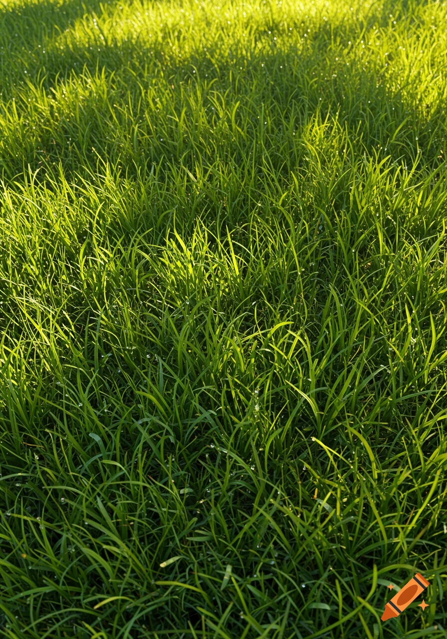 Close-up of vibrant green grass with dew drops, partially illuminated by sunlight and partially in shadow.