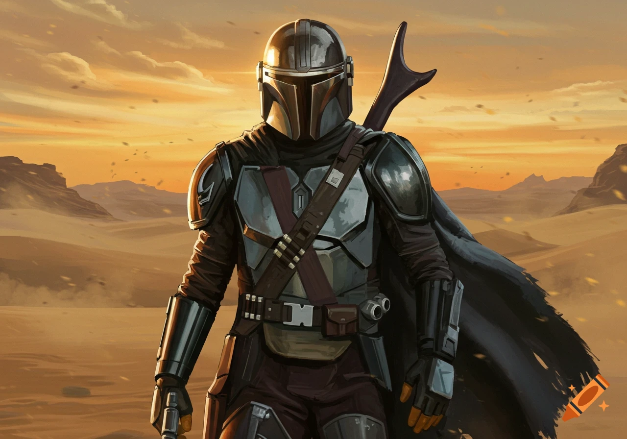 The Mandalorian in full beskar armor with a dark cape stands in a vast, sandy desert under an orange sky, digital art.