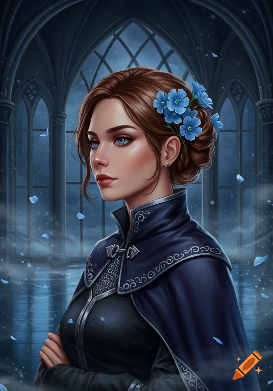 Digital painting of a woman with brown hair and blue eyes, wearing a dark blue medieval cloak with blue flowers in her hair, in a gothic hall.