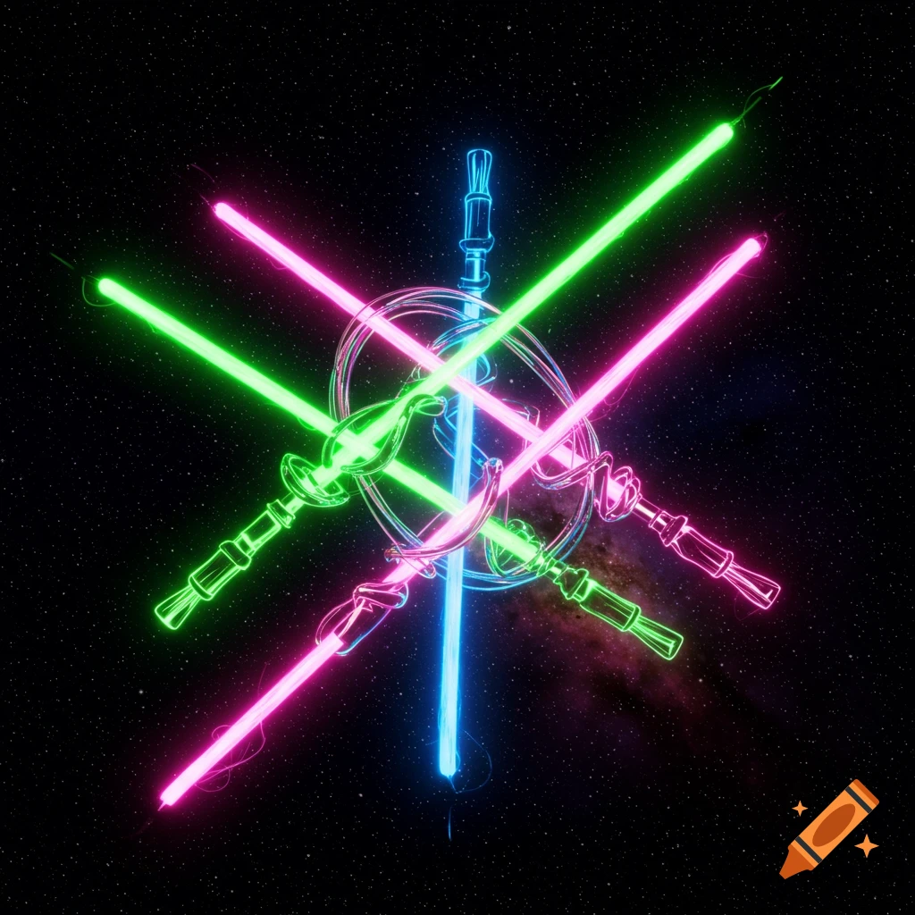 Several neon light sabers in pink, green, and blue crisscross against a starry space background, with a central neon swirl.