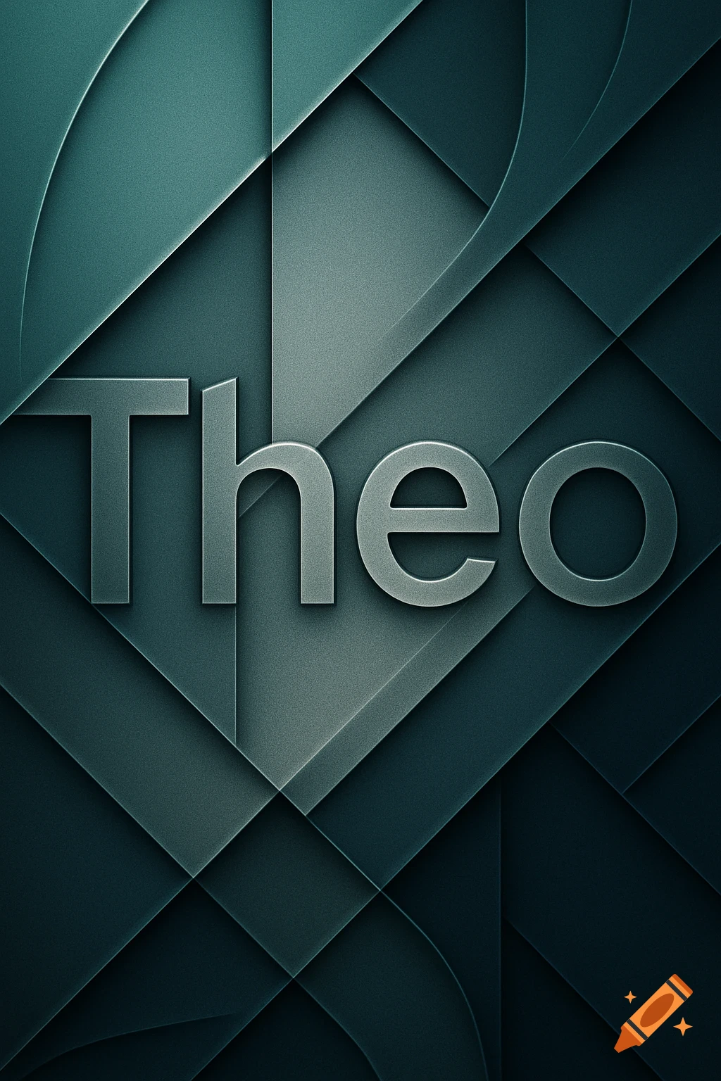 A grey 3D word "Theo" on a textured, geometric abstract background with shades of teal and dark green.
