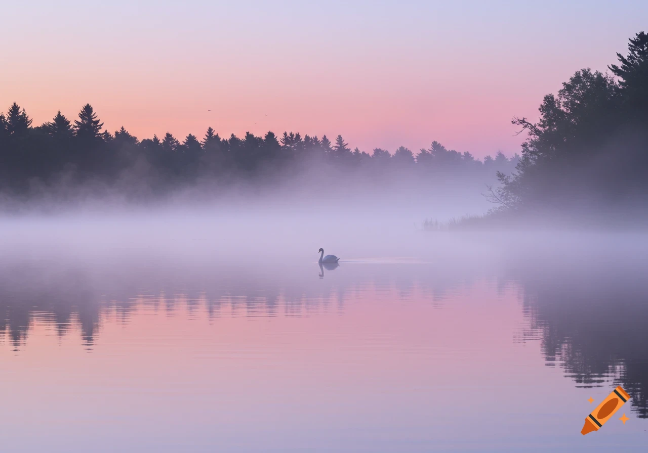 A swan on a misty lake reflects the pink and purple sunrise with a dark tree line.