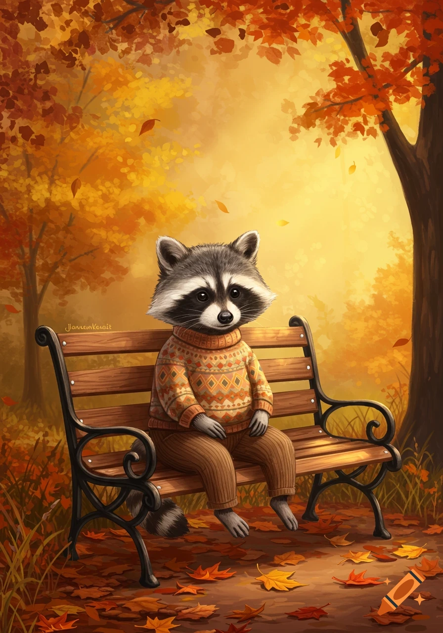 An illustrated cute raccoon in an orange sweater and brown pants sits on a park bench covered in autumn leaves.