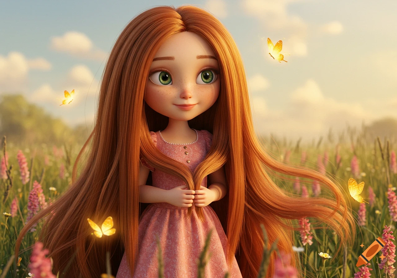 A realistic cartoon girl with long auburn hair and green eyes stands in a sunny field of flowers with glowing butterflies.