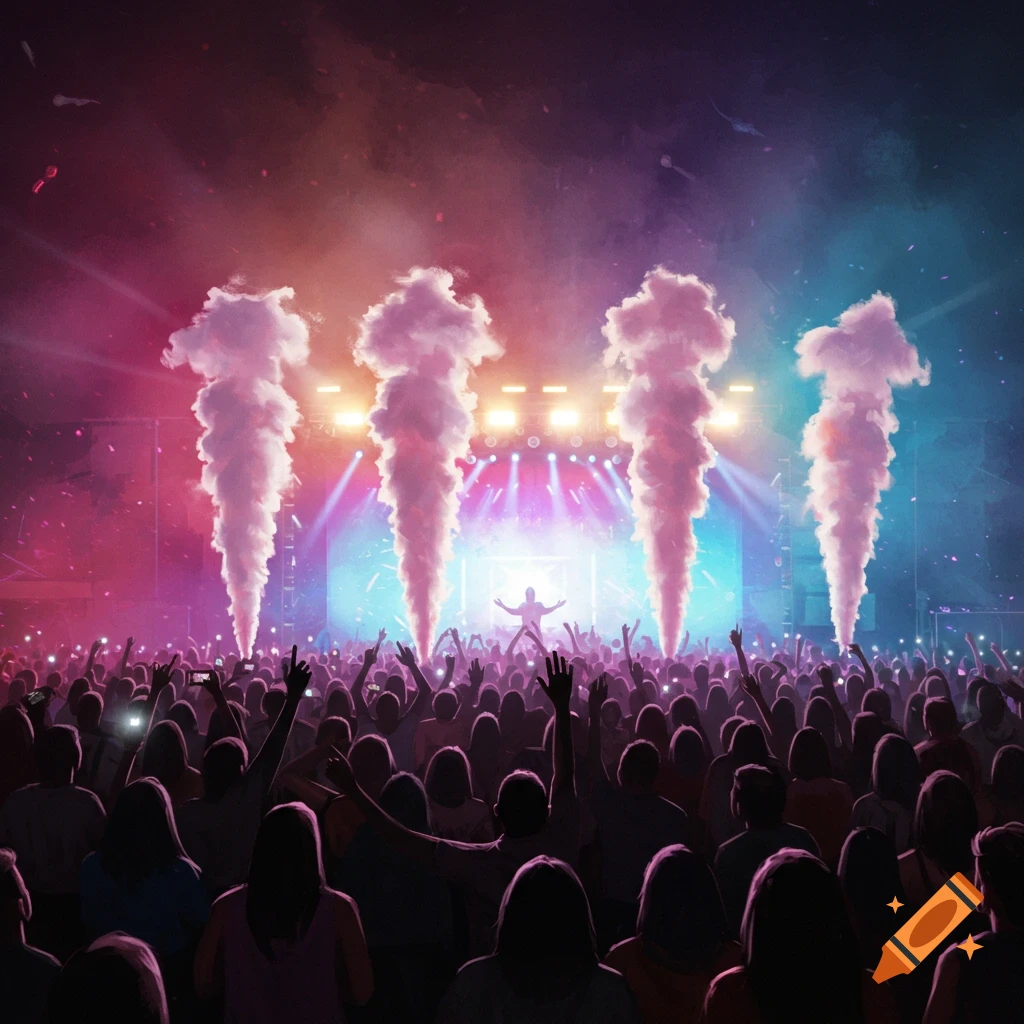 A silhouette of a crowd at a vibrant concert with a performer on stage, illuminated by colorful lights and smoke effects.