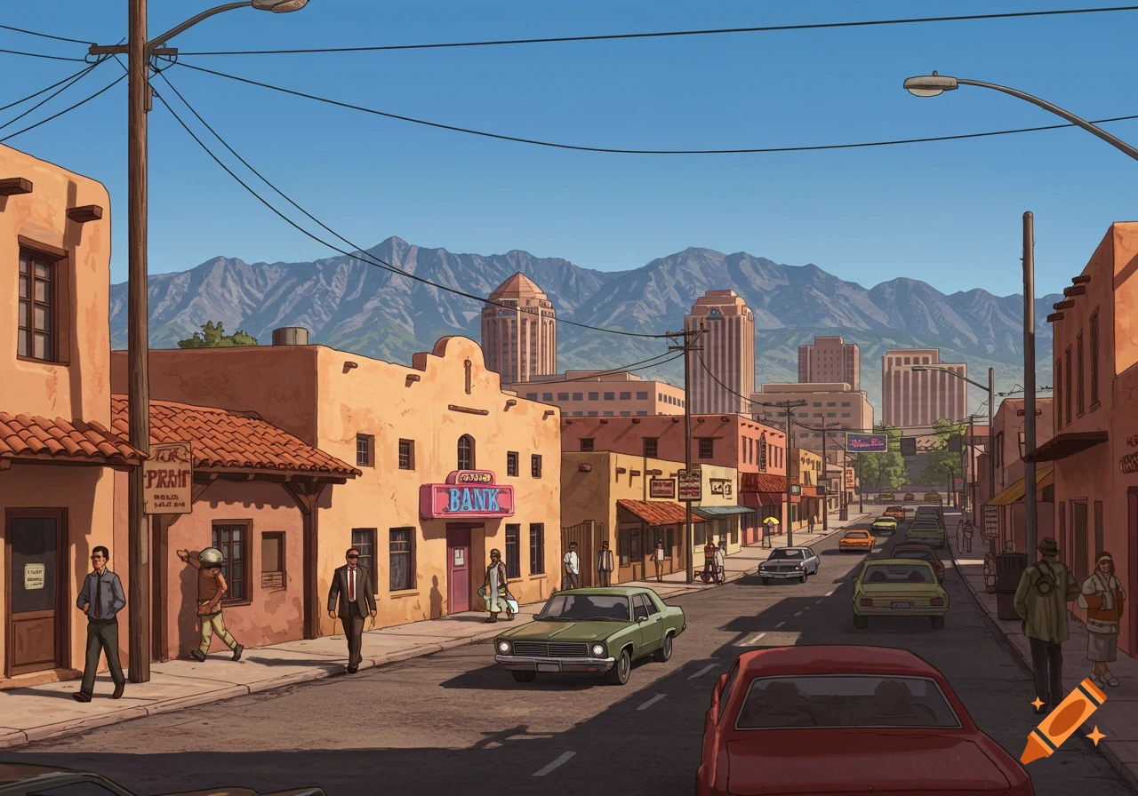 A cartoon-style street scene featuring adobe buildings, cars, and pedestrians under a clear sky, with mountains in the background.