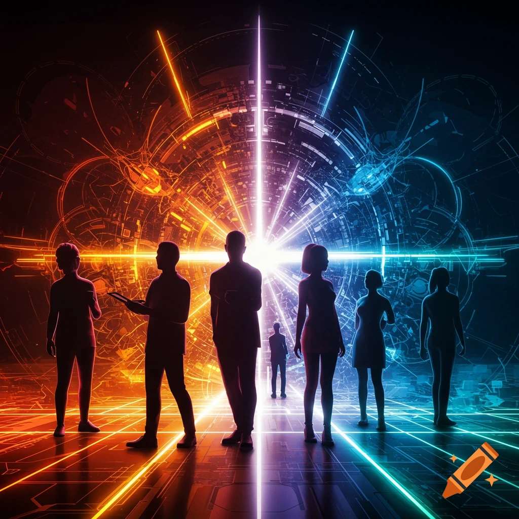 Silhouettes of people standing on a glowing grid floor against a futuristic, abstract background of swirling orange and blue light with a central bright beam.