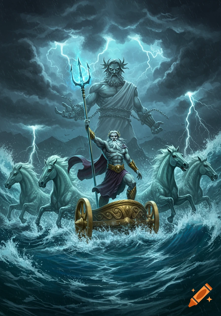 A dramatic illustration of Poseidon on a chariot pulled by horses on stormy seas, holding a glowing trident, with a ghostly, chained Zeus in the lightning-filled sky.