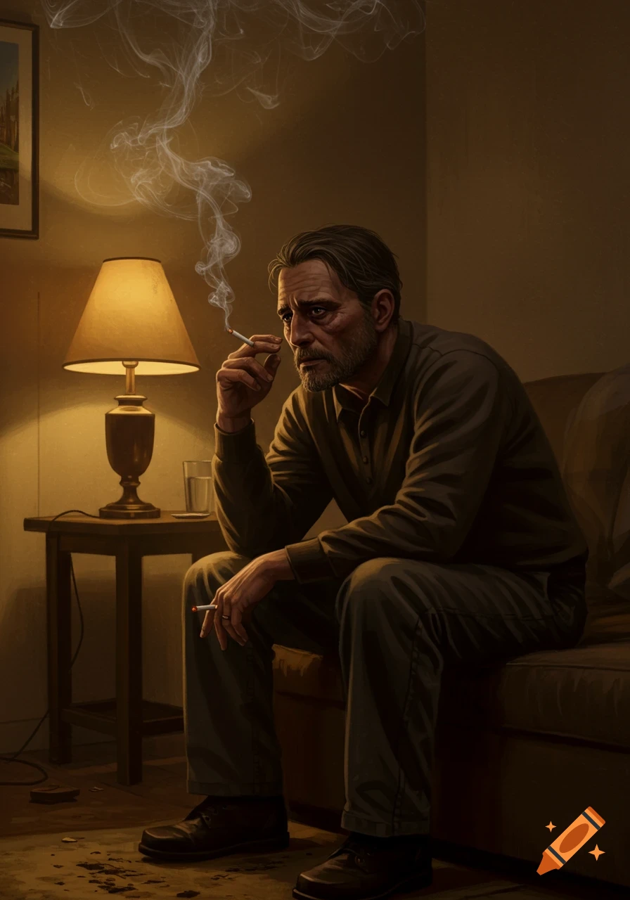 A pensive man smokes a cigarette, sitting on a couch in a dimly lit room with a warm lamp glow.