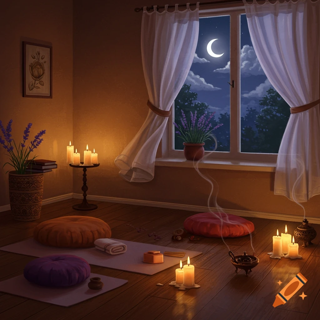 A cozy room at night, illuminated by candles, with meditation cushions, lavender plants, and incense smoke, a crescent moon visible through the window.