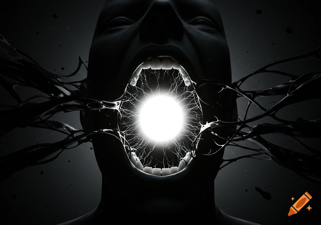 Close-up of a dark, abstract face screaming, with its mouth wide open and glowing with intense white light and dark swirling tendrils.