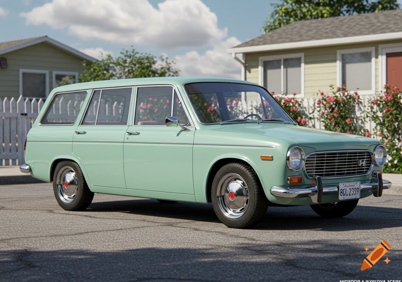 Light green vintage station wagon parked on an asphalt street in front of suburban houses with picket fences, photorealistic.