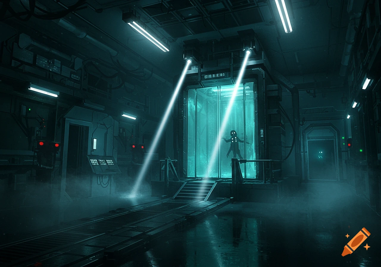 A dark, misty, futuristic laboratory with a glowing glass tank containing a shadowy, alien-like figure. Bright spotlights illuminate the tank.