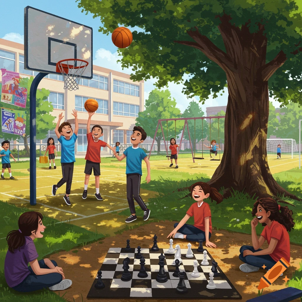 Illustrated scene of children playing basketball, chess, and on swings in a sunny school playground during recess.