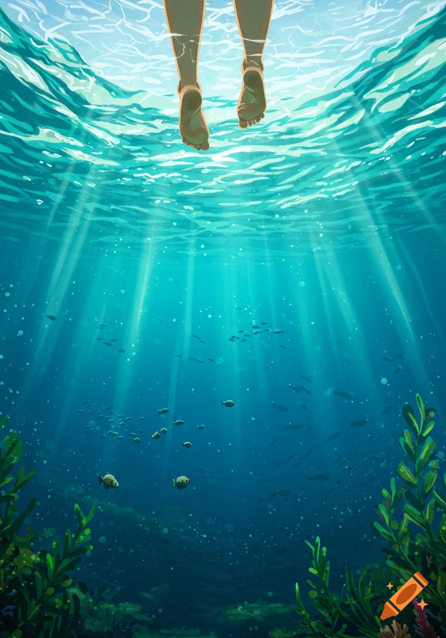 A stylized underwater view showing two bare feet dangling from the water surface above, with sun rays, schools of fish, and green plants.