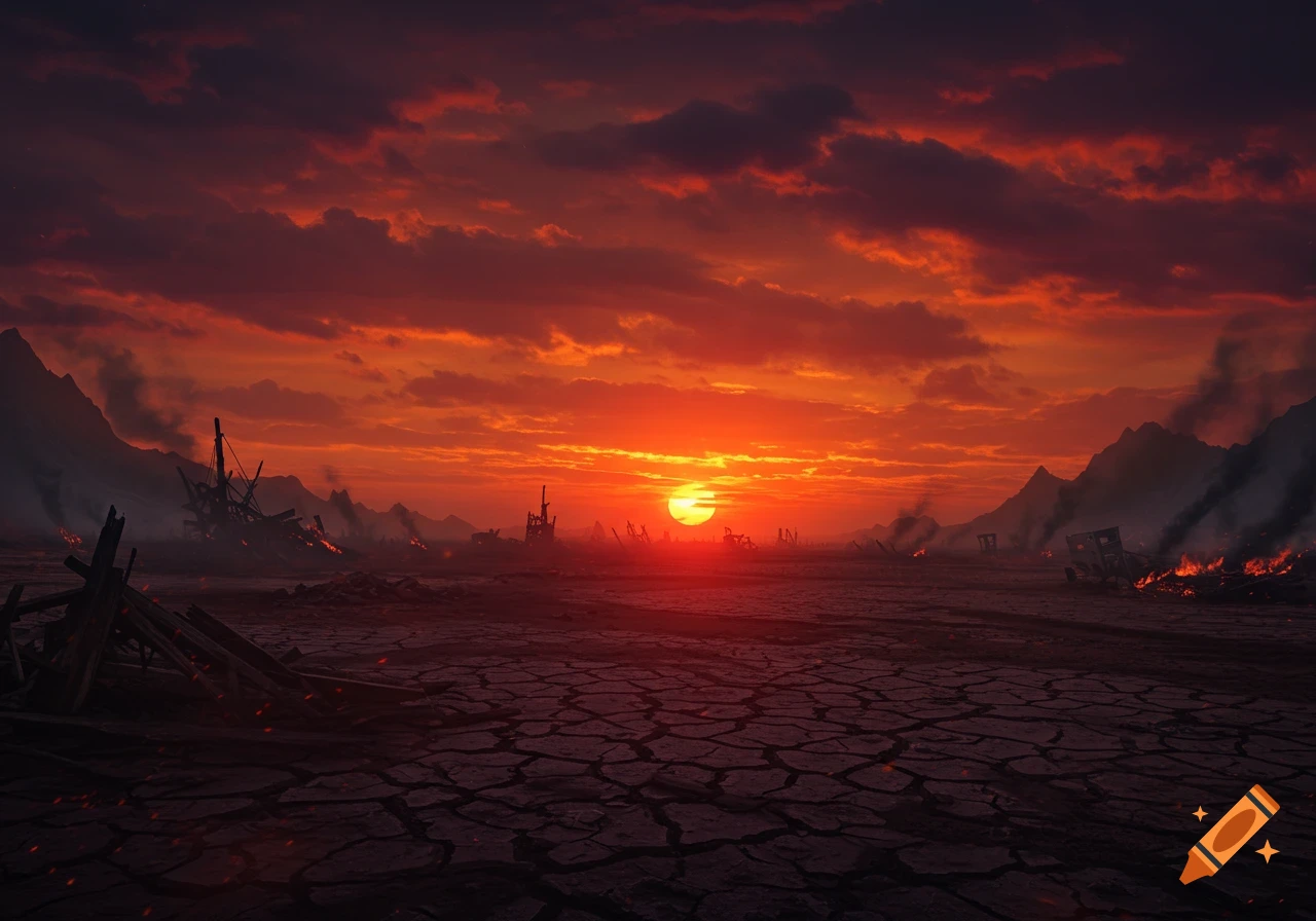 A desolate, cracked earth landscape under a fiery red and orange sunset, with smoking ruins and debris scattered across the horizon.