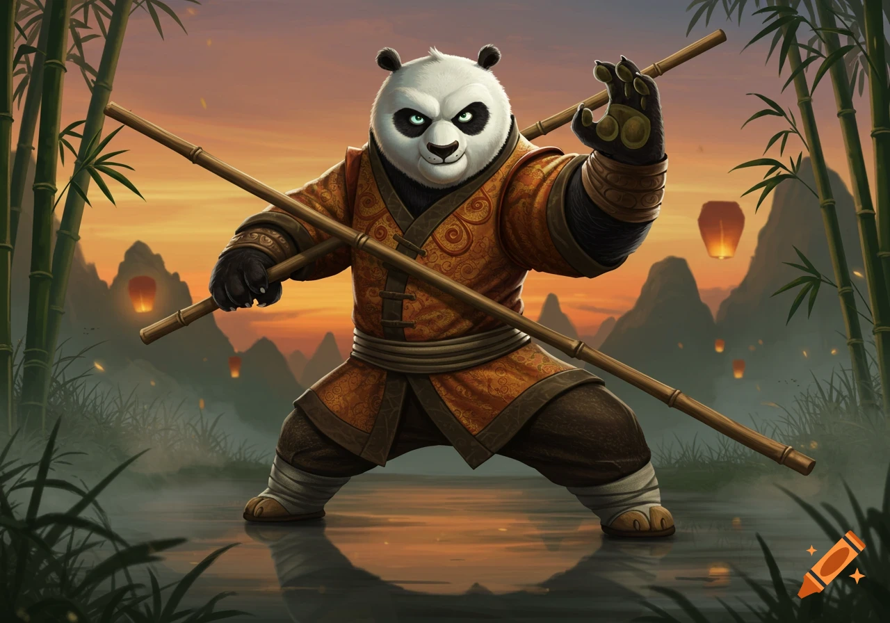 A cartoon panda resembling Po from Kung Fu Panda in a martial arts pose with bamboo sticks, set in a bamboo forest at sunset.