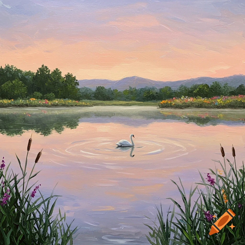 Acrylic painting of a swan swimming in a calm lake at sunset, surrounded by lush green trees and colorful wildflowers.