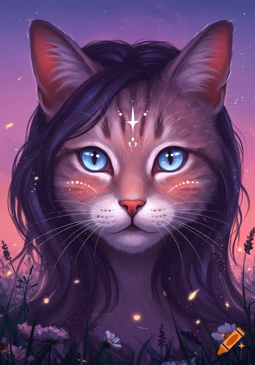 Stylized fantasy cat with long dark hair, glowing blue eyes, and mystical forehead markings, set against a vibrant twilight sky and wildflowers.
