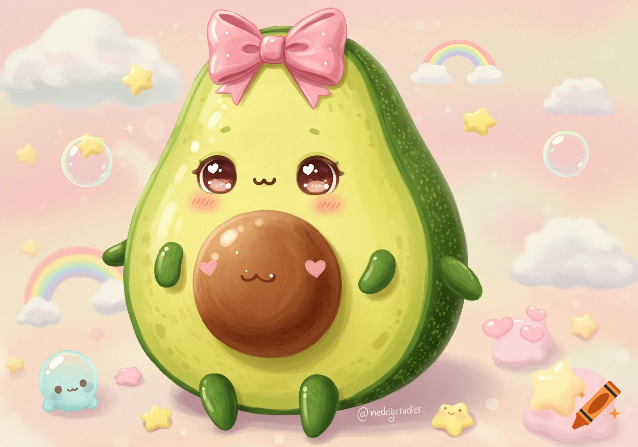 Cute kawaii cartoon avocado with a pink bow and big eyes, on a pastel background with rainbows and stars.