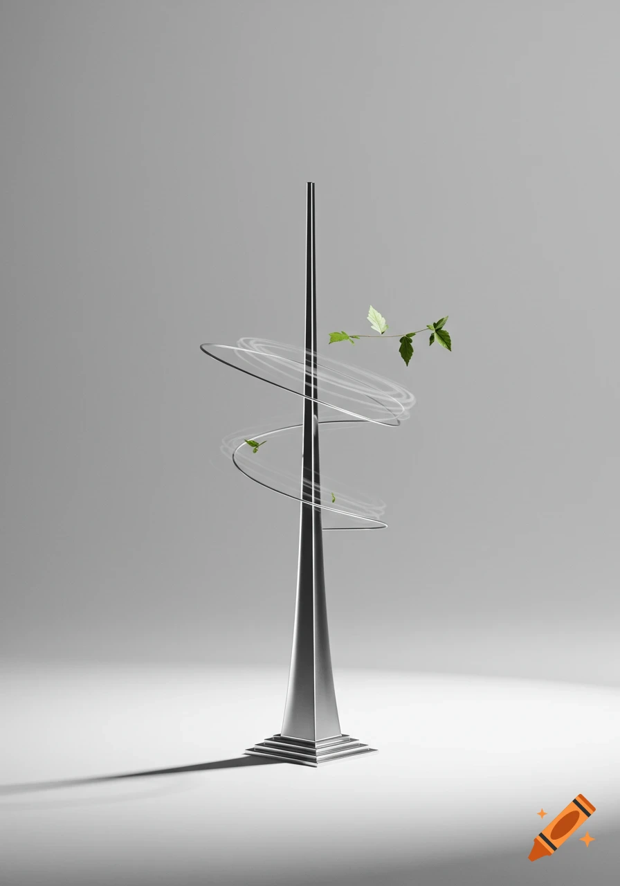 A tall, silver, minimalist tower with a flared base, encircled by glowing, spiraling rings and a green leafy branch against a grey background.