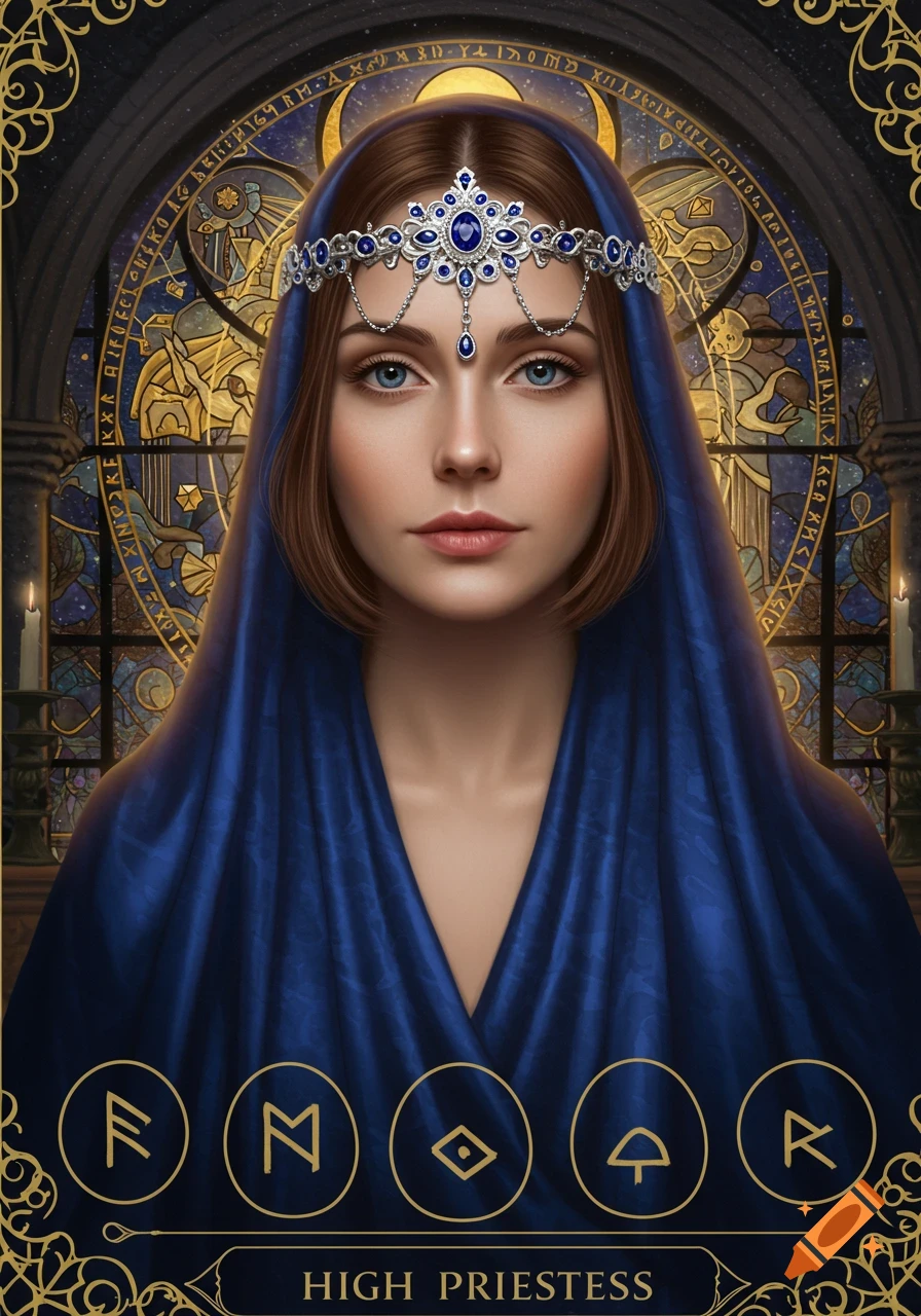 A woman with brown hair and blue eyes, wearing a blue veil and jeweled headpiece, against a golden stained glass window. Below her are golden symbols and the text "HIGH PRIESTESS".