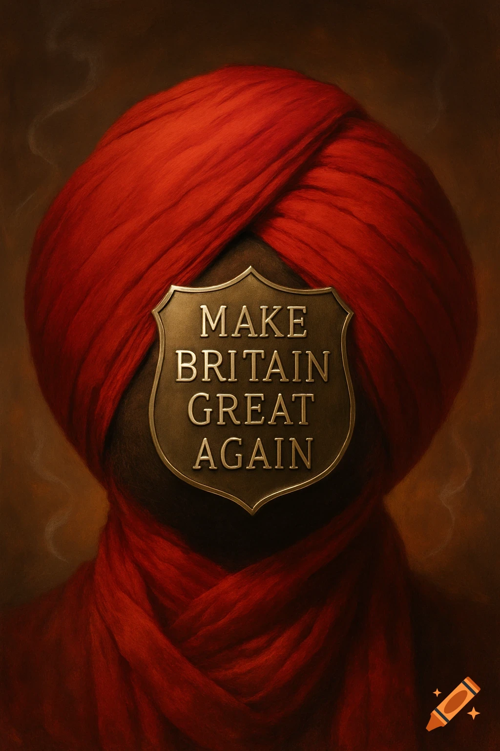 A person wearing a vibrant red Sikh turban with a gold shield-shaped badge covering their face, which reads "MAKE BRITAIN GREAT AGAIN" in a painted style.