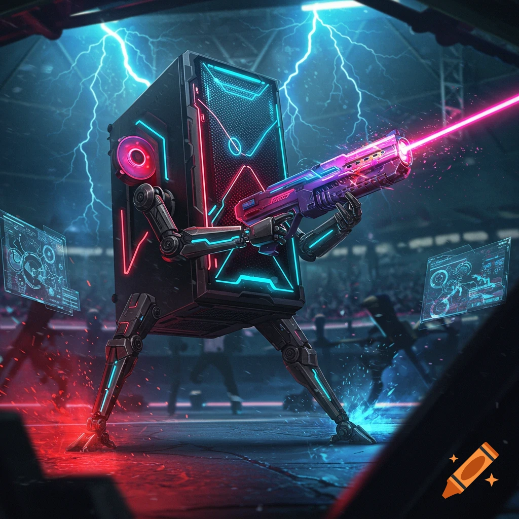 A futuristic gaming PC, anthropomorphized with robotic legs, stands with a laser gun, glowing with neon lights in an arena with lightning overhead.